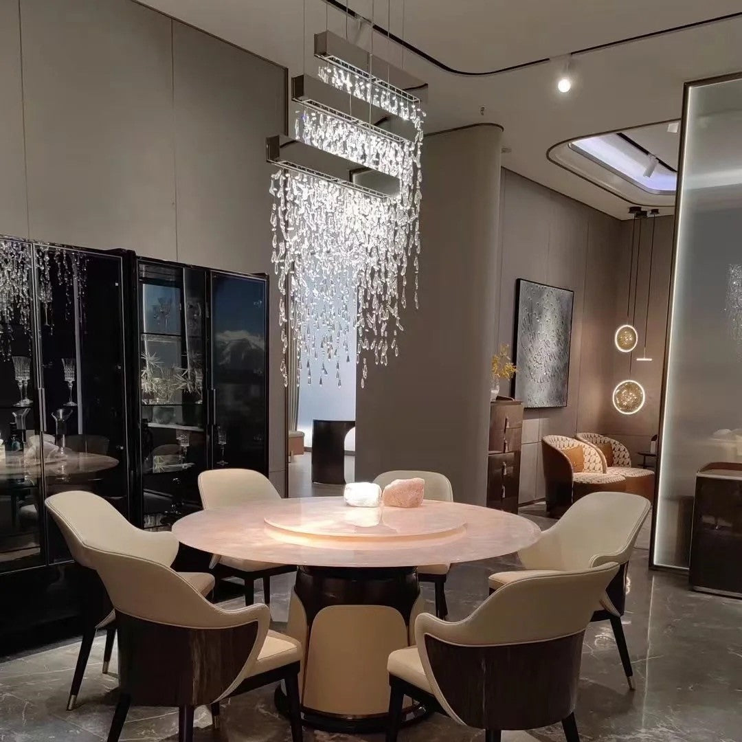 Modern K9 Crystal Tassel Waterfall Chandelier with Stainless Steel Finish for Dining Room and Kitchen Island