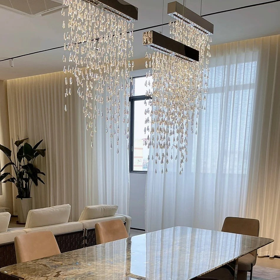 Modern K9 Crystal Tassel Waterfall Chandelier with Stainless Steel Finish for Dining Room and Kitchen Island