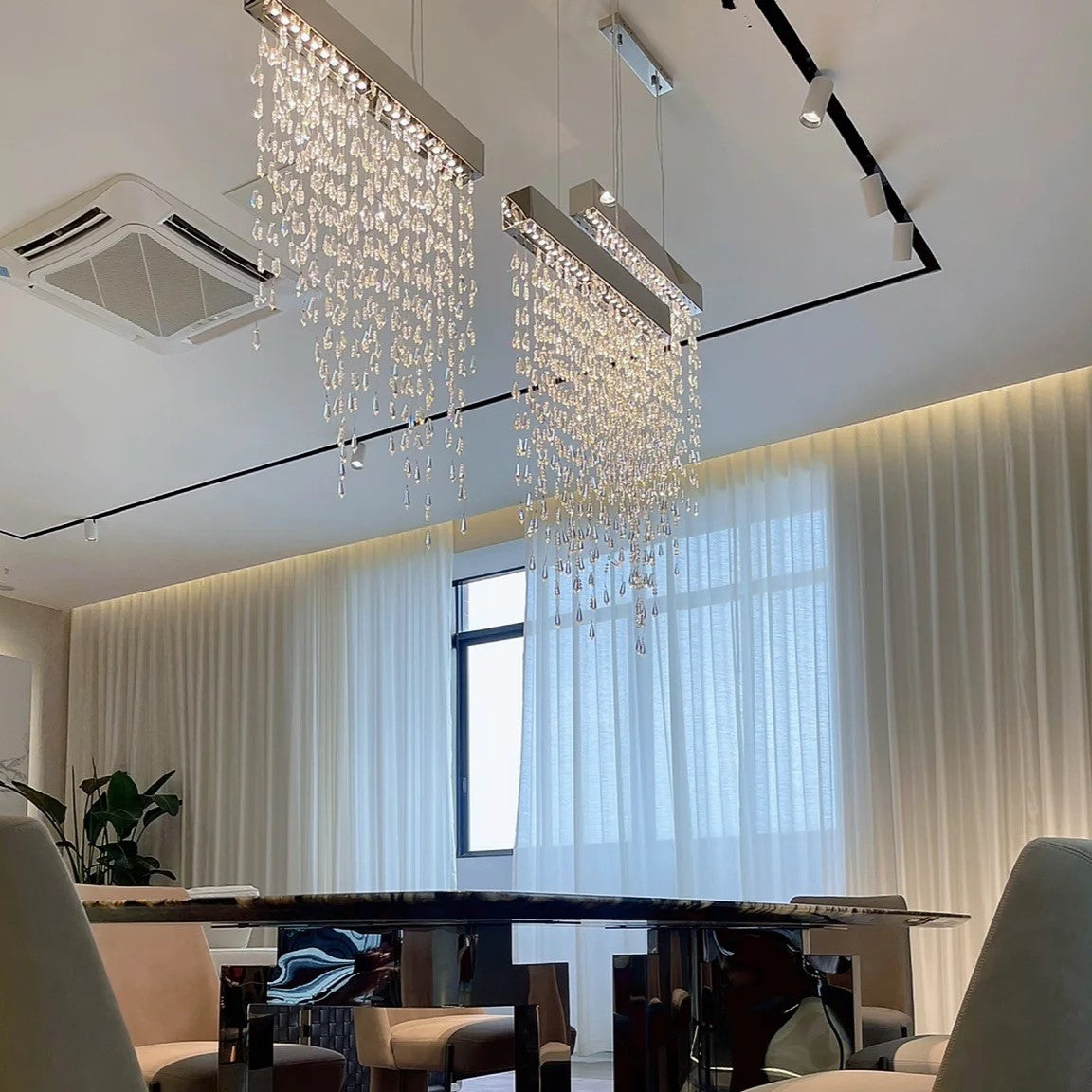 Modern K9 Crystal Tassel Waterfall Chandelier with Stainless Steel Finish for Dining Room and Kitchen Island