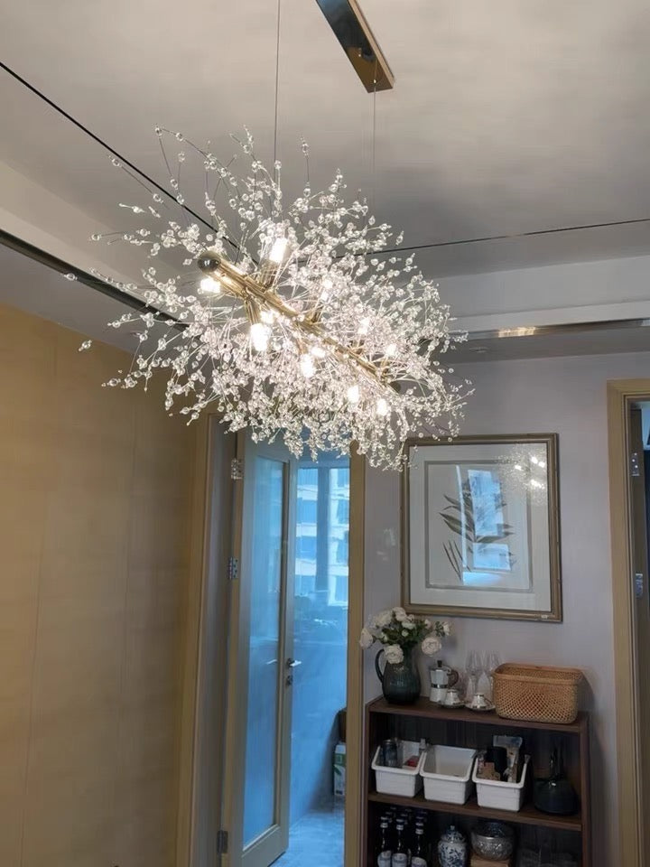 Dandelion Crystal Chandelier Light Firefly / Glowworm Hanging Lamp Pendant for Rectangle Dining Room