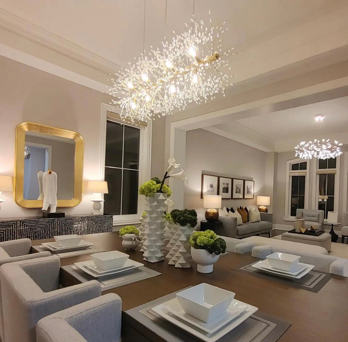 Dandelion Crystal Chandelier Light Firefly / Glowworm Hanging Lamp Pendant for Rectangle Dining Room