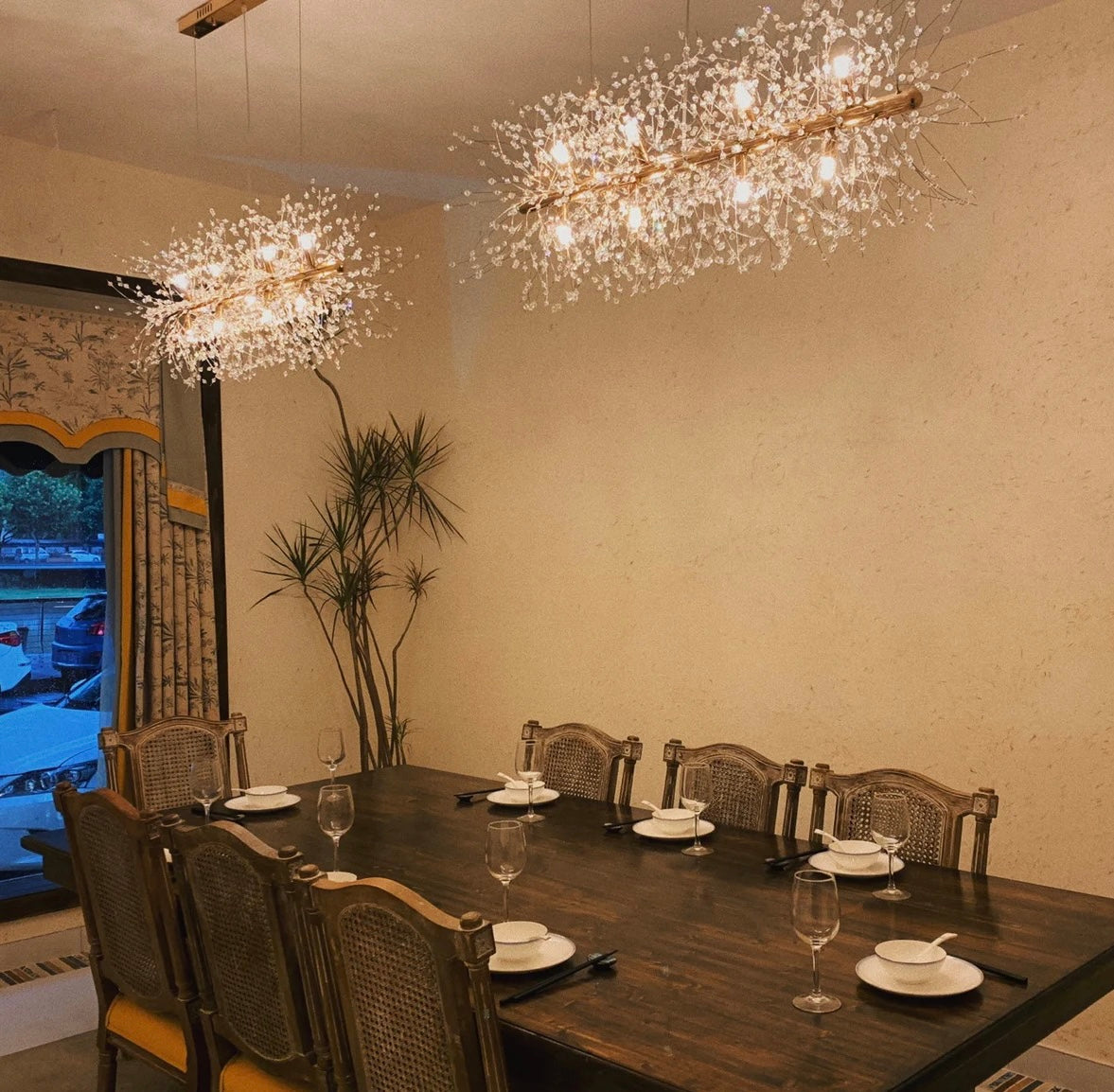 Dandelion Crystal Chandelier Light Firefly / Glowworm Hanging Lamp Pendant for Rectangle Dining Room
