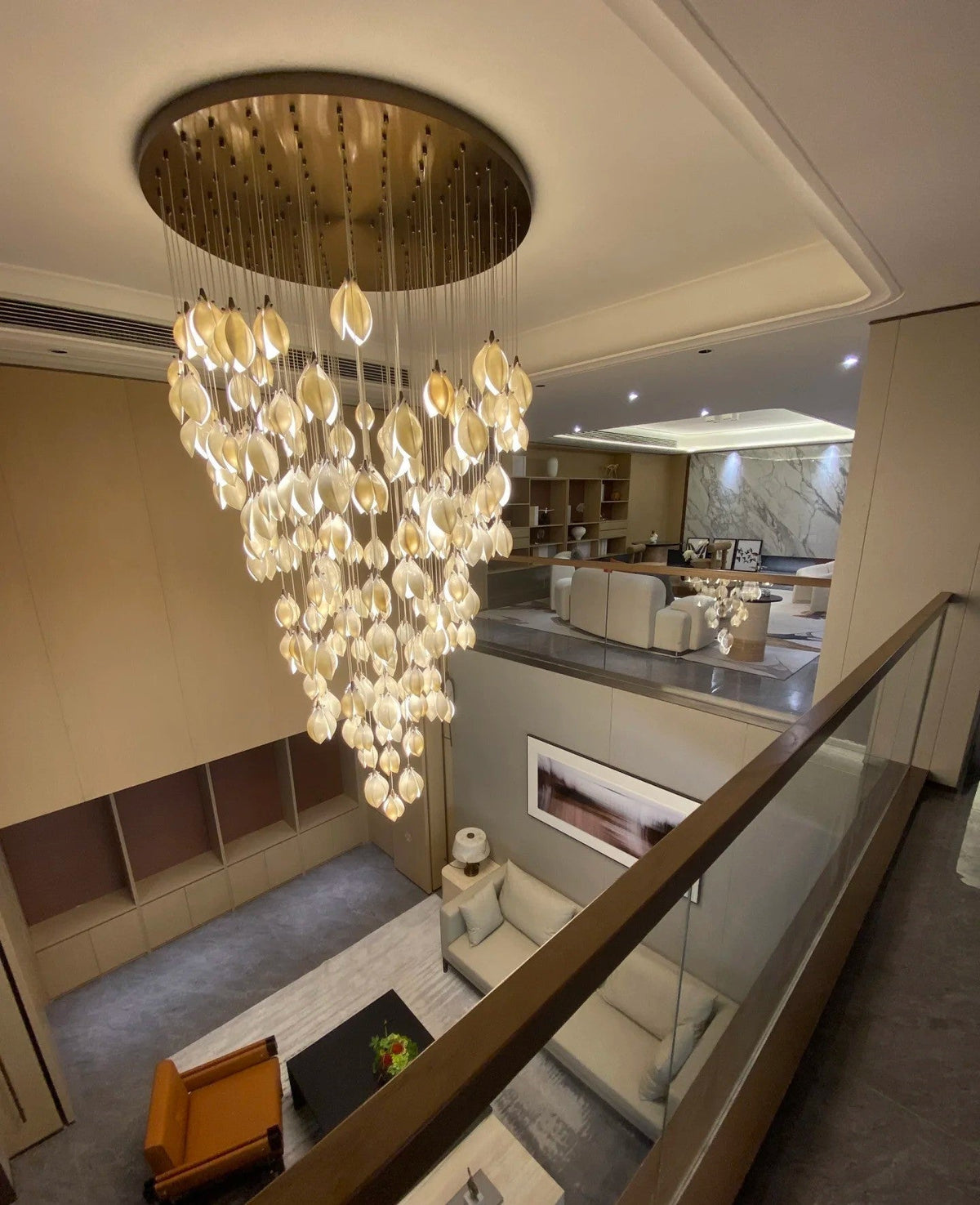 Nordic Magnolia Flower Ceramic Chandelier with Round Canopy and Metal Chain Finish
