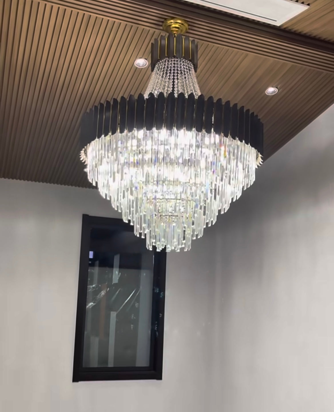 Black Crystal and Stainless Steel Round Chandelier Ceiling Light , Modern Finish
