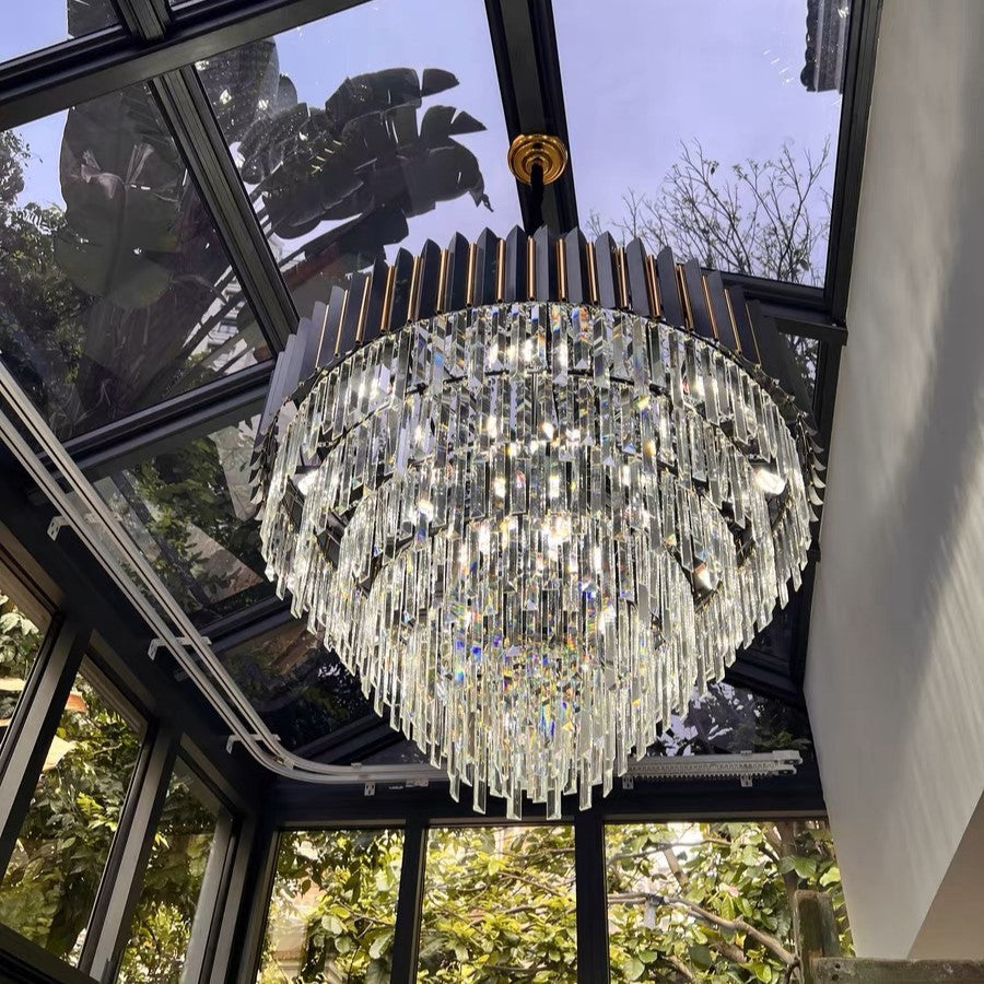 Black Crystal and Stainless Steel Round Chandelier Ceiling Light , Modern Finish
