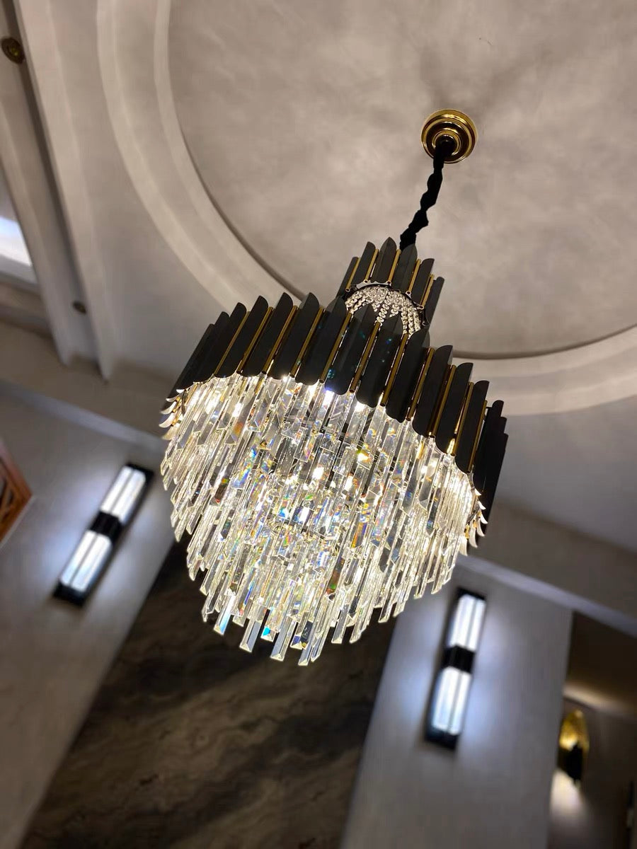 Black Crystal and Stainless Steel Round Chandelier Ceiling Light , Modern Finish
