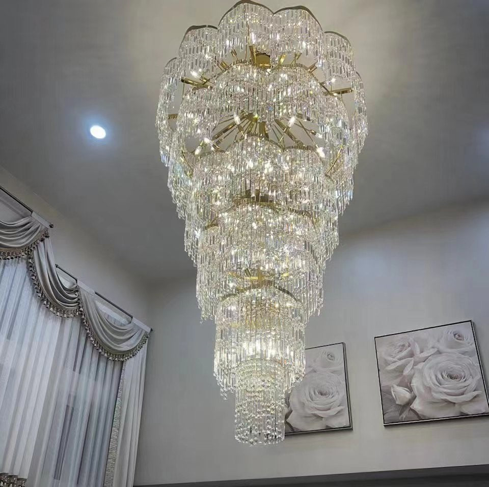 Oversized European Multi-Layers Golden Luxury Crystal Chandelier Villa / high-Ceiling / foyer