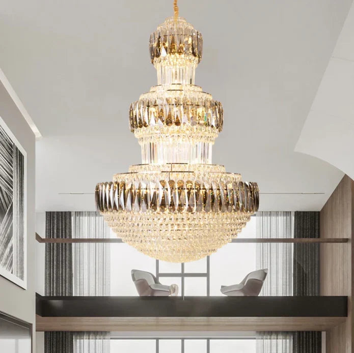 Golden Era Grand Cascade Round Chandelier with Smoky Gray & Clear K9 Crystal Finish for High Ceilings