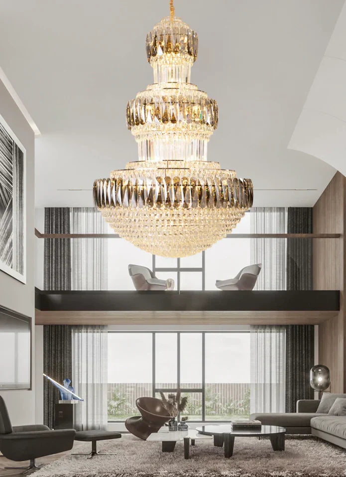 Golden Era Grand Cascade Round Chandelier with Smoky Gray & Clear K9 Crystal Finish for High Ceilings
