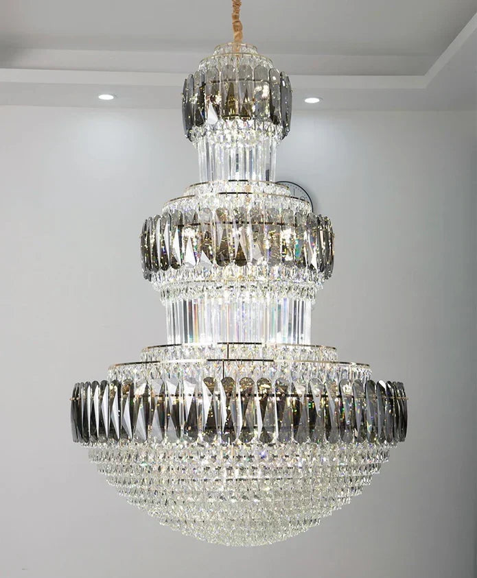 Golden Era Grand Cascade Round Chandelier with Smoky Gray & Clear K9 Crystal Finish for High Ceilings