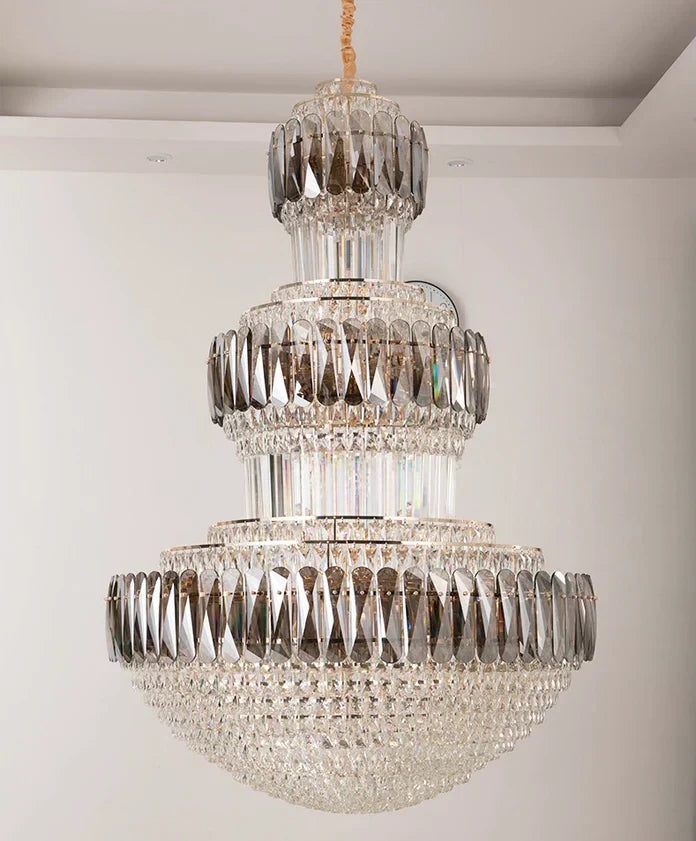 Golden Era Grand Cascade Round Chandelier with Smoky Gray & Clear K9 Crystal Finish for High Ceilings