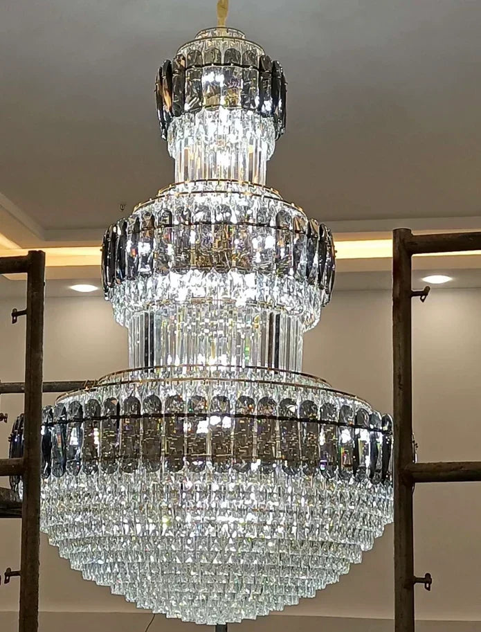 Golden Era Grand Cascade Round Chandelier with Smoky Gray & Clear K9 Crystal Finish for High Ceilings
