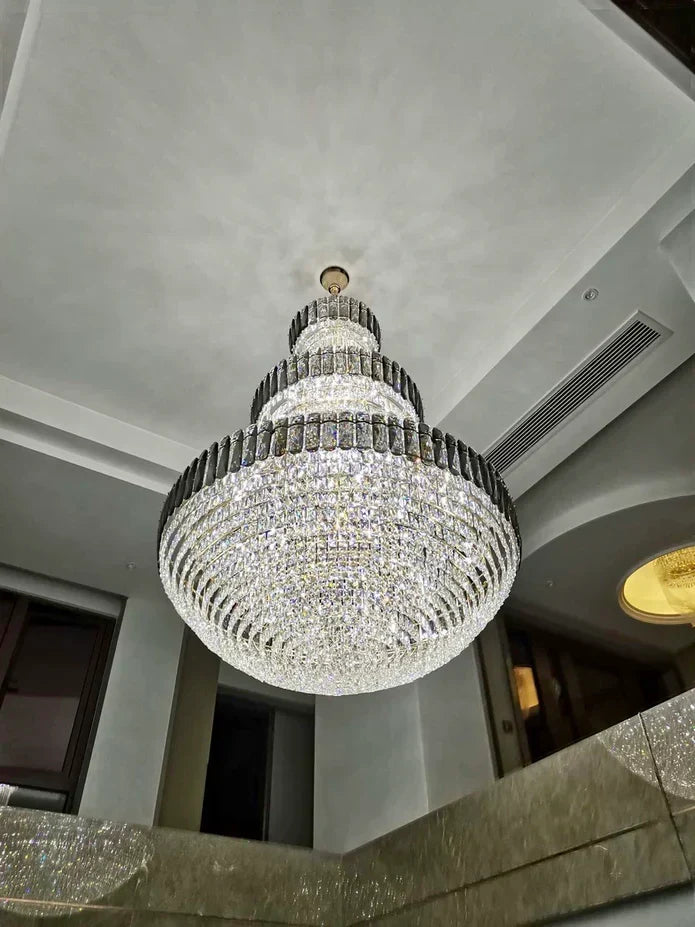 Golden Era Grand Cascade Round Chandelier with Smoky Gray & Clear K9 Crystal Finish for High Ceilings