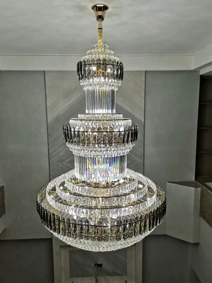Golden Era Grand Cascade Round Chandelier with Smoky Gray & Clear K9 Crystal Finish for High Ceilings