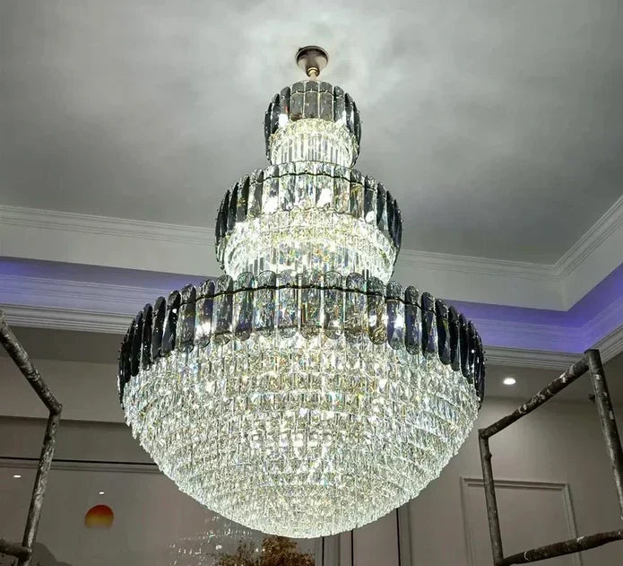 Golden Era Grand Cascade Round Chandelier with Smoky Gray & Clear K9 Crystal Finish for High Ceilings