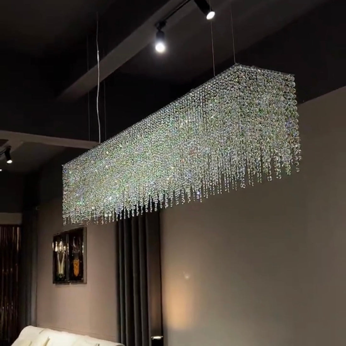 Tassel Crystal Dining Room Chandelier Rectangle Ceiling Light for Kitchen Island