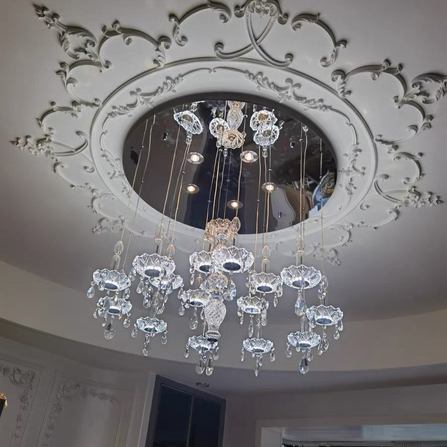 French Romantic Crystal and Glass Candle Chandelier Pendant Light with Metal Finish for Living Room Dining