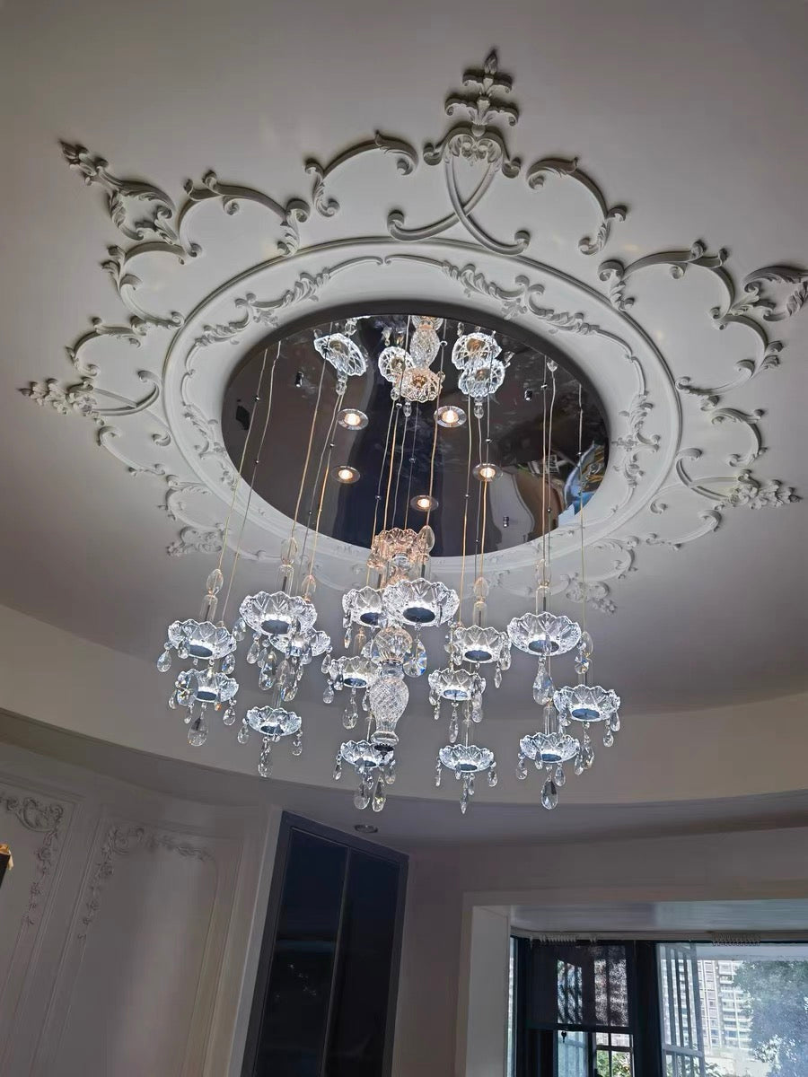French Romantic Crystal and Glass Candle Chandelier Pendant Light with Metal Finish for Living Room Dining