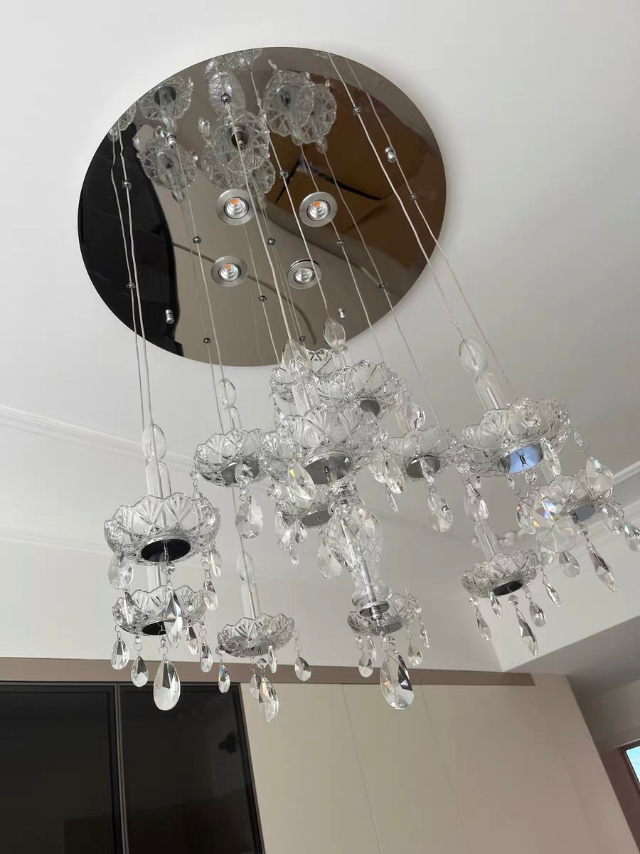 French Romantic Crystal and Glass Candle Chandelier Pendant Light with Metal Finish for Living Room Dining