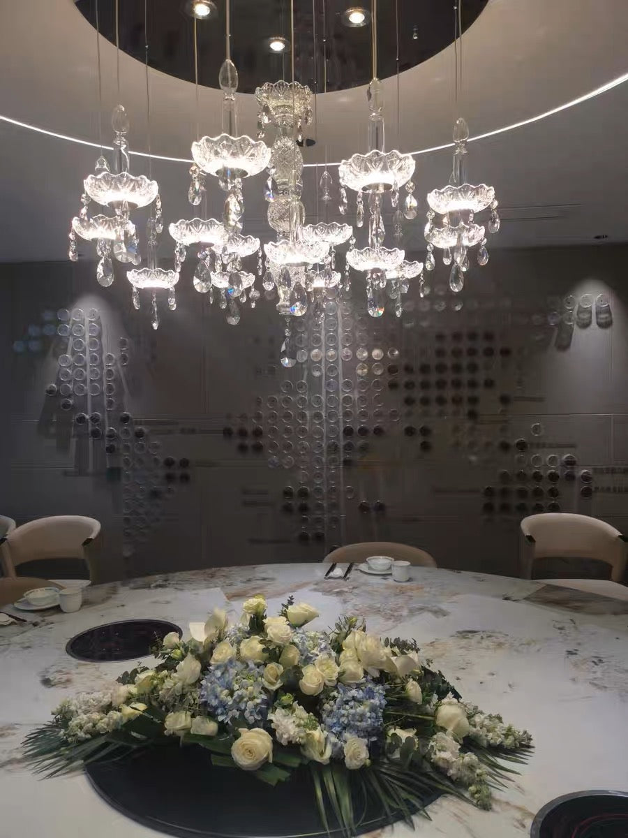 French Romantic Crystal and Glass Candle Chandelier Pendant Light with Metal Finish for Living Room Dining