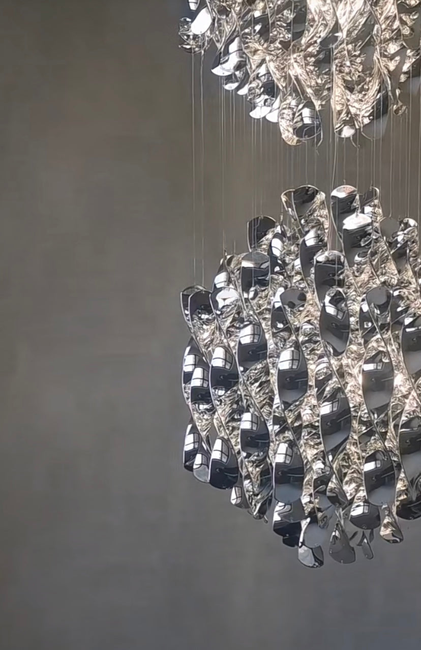 Modern Spiral Wave Chandelier in Silver and Gold Finish with Acrylic Design