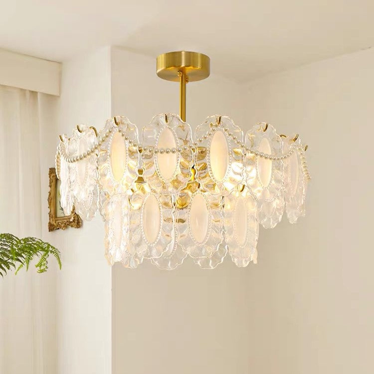 European Vintage Style Luxury Elegant Cream White Chandelier / ceiling Light with White Pearl Chains for