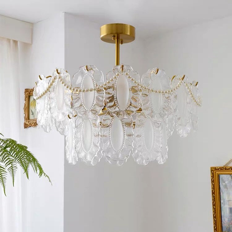 European Vintage Style Luxury Elegant Cream White Chandelier / ceiling Light with White Pearl Chains for