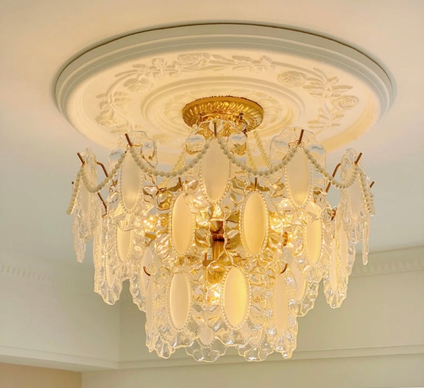European Vintage Style Luxury Elegant Cream White Chandelier / ceiling Light with White Pearl Chains for
