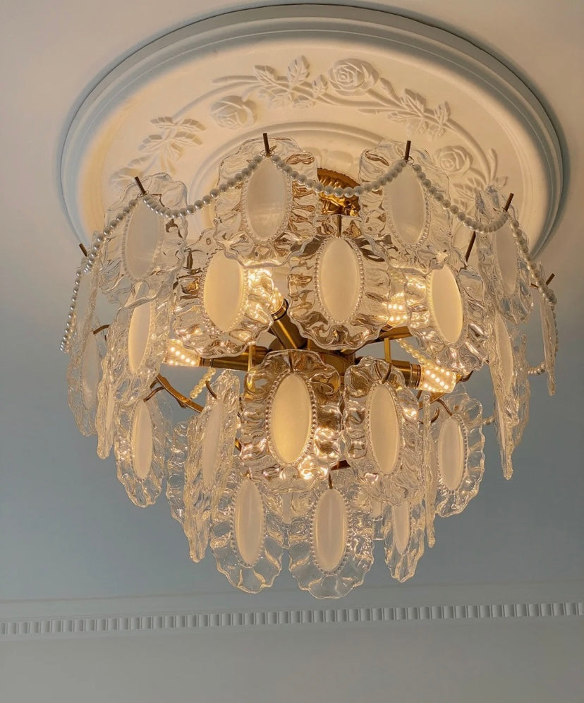 European Vintage Style Luxury Elegant Cream White Chandelier / ceiling Light with White Pearl Chains for