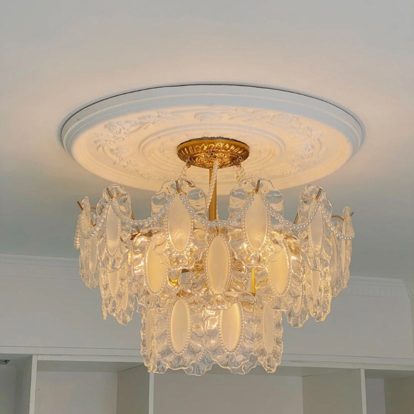 European Vintage Style Luxury Elegant Cream White Chandelier / ceiling Light with White Pearl Chains for