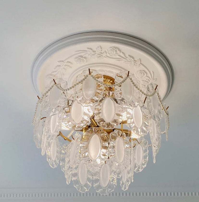 European Vintage Style Luxury Elegant Cream White Chandelier / ceiling Light with White Pearl Chains for