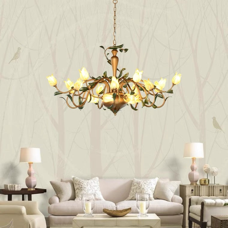 Vintage European Country Style Tulip Flower Chandelier with Brass Finish Wrought Iron Frame for Dining and