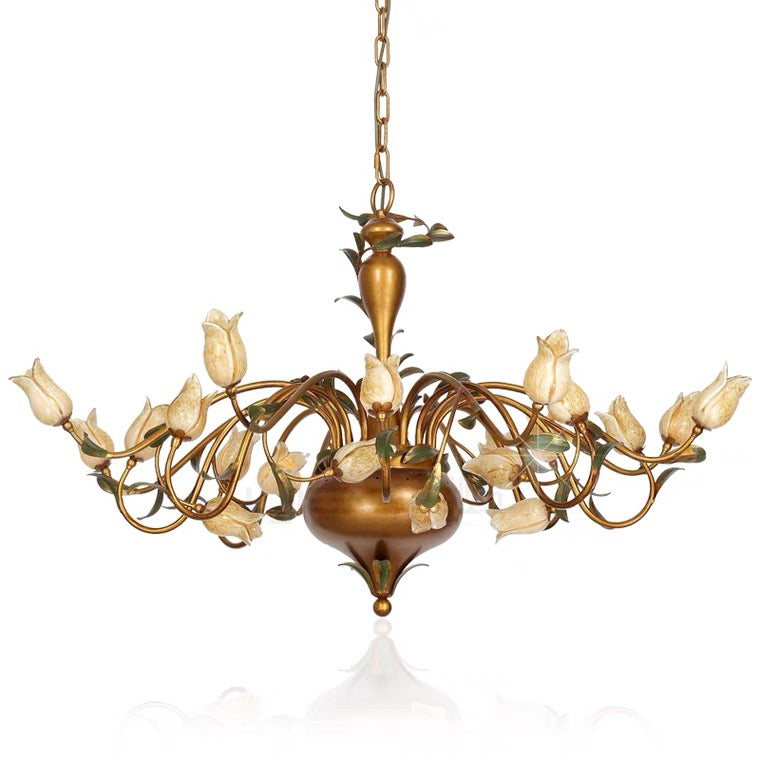 Vintage European Country Style Tulip Flower Chandelier with Brass Finish Wrought Iron Frame for Dining and