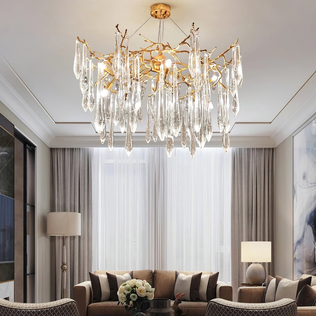 Icicle Branch Brass Crystal Chandelier