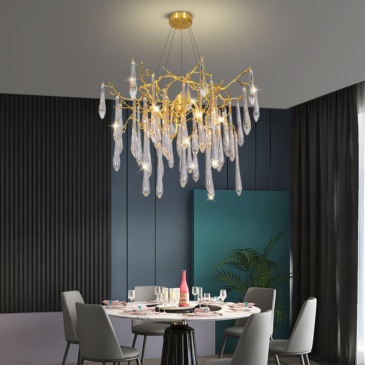 Icicle Branch Brass Crystal Chandelier