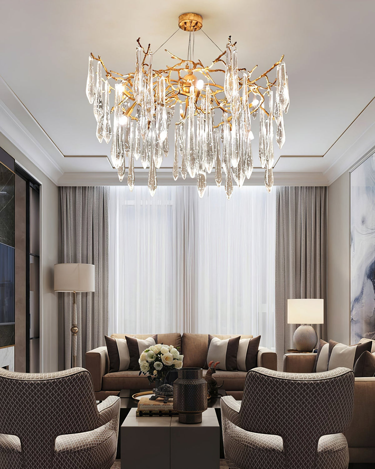Icicle Branch Brass Crystal Chandelier