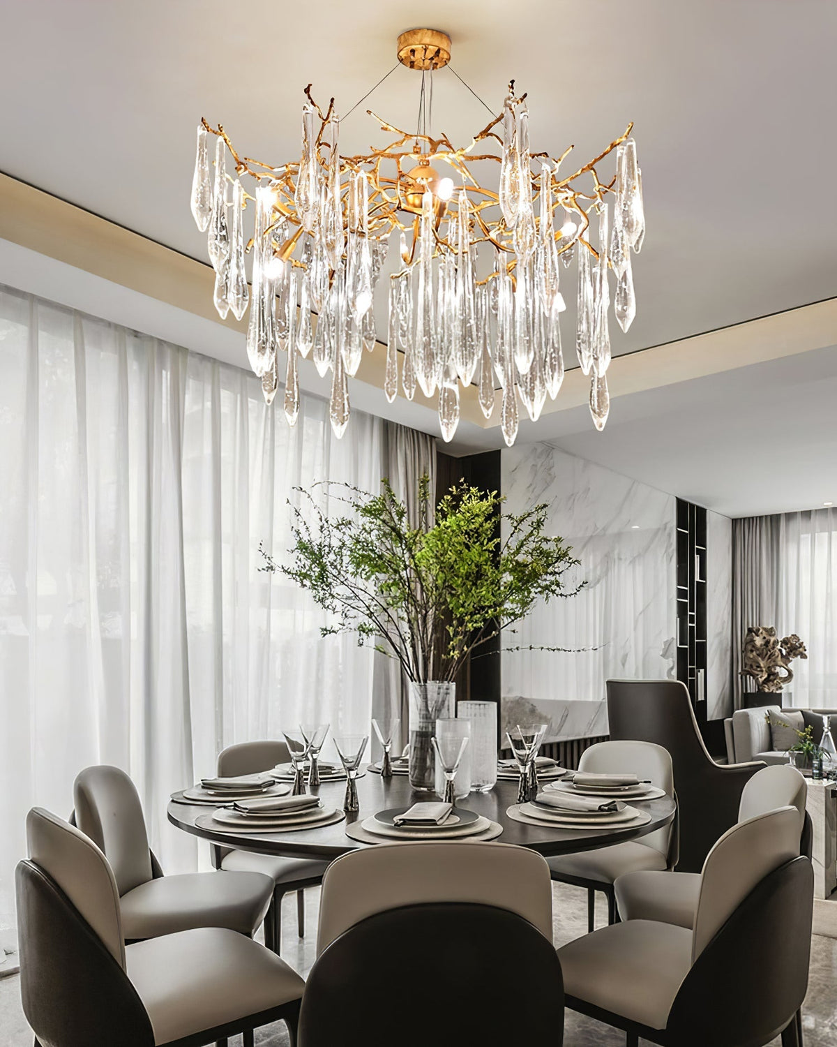 Icicle Branch Brass Crystal Chandelier