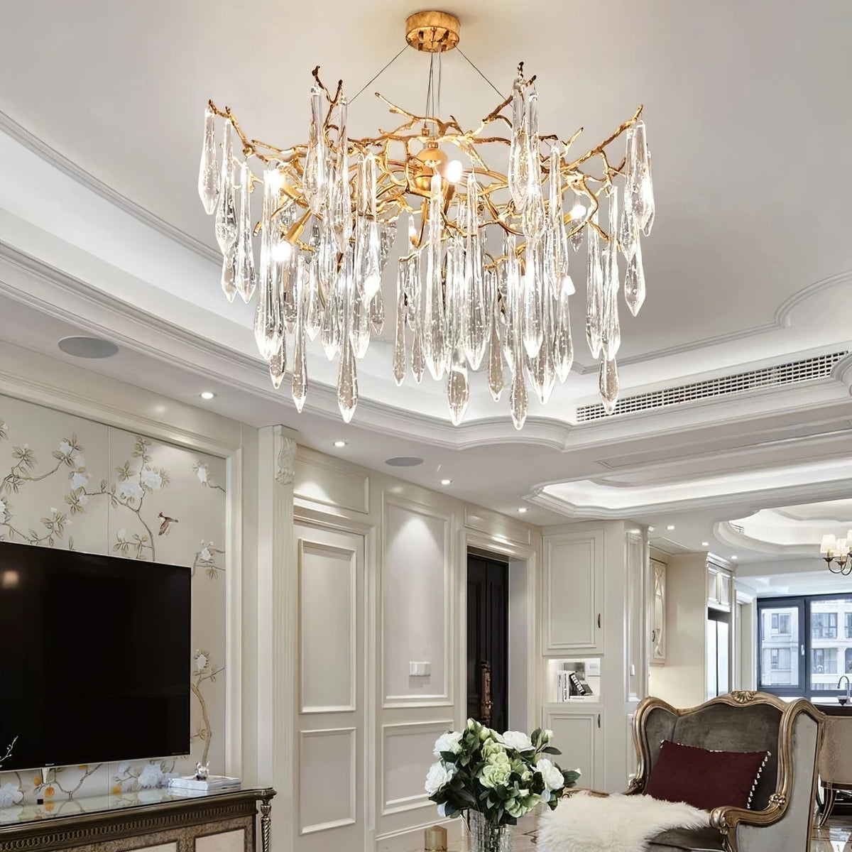 Icicle Branch Brass Crystal Chandelier