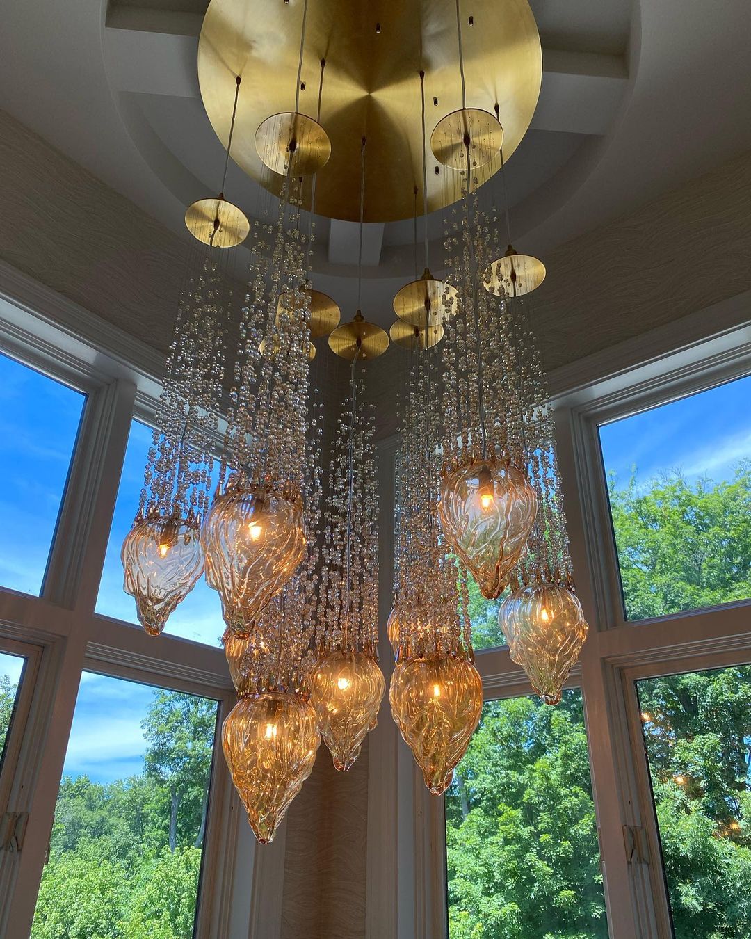 Modern Floating Blown Amber Glass Chandelier for High-Ceiling