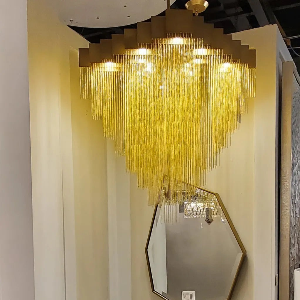 Extra Large Round Multi-Tier Aluminum Tassel Chain Chandelier with Hand-Woven Finish for Villa Stairs Foyer
