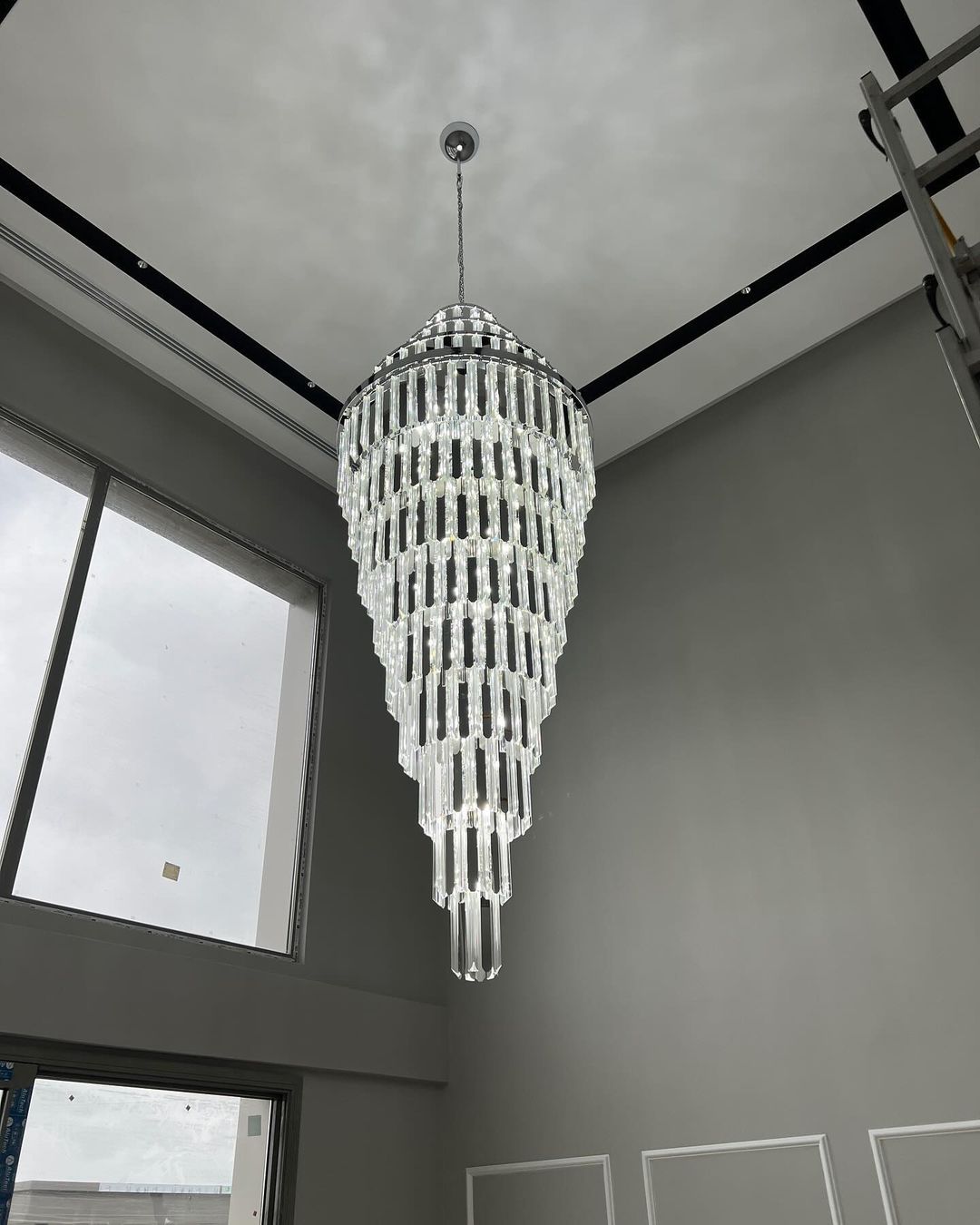 Extra Large Modern Pyramid-Shape Crystal Chandelier for High-Ceiling