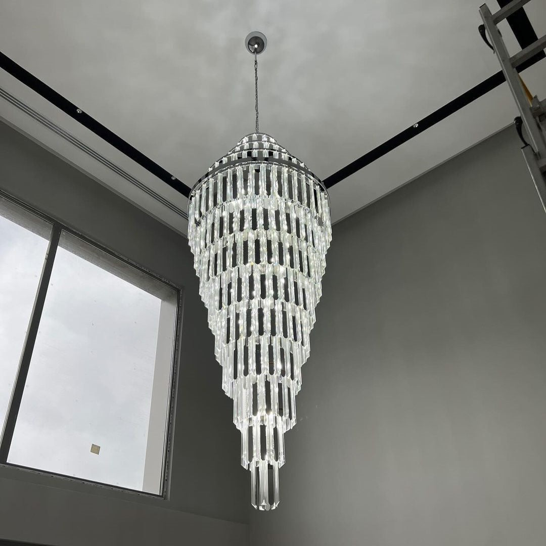 Extra Large Modern Pyramid-Shape Crystal Chandelier for High-Ceiling