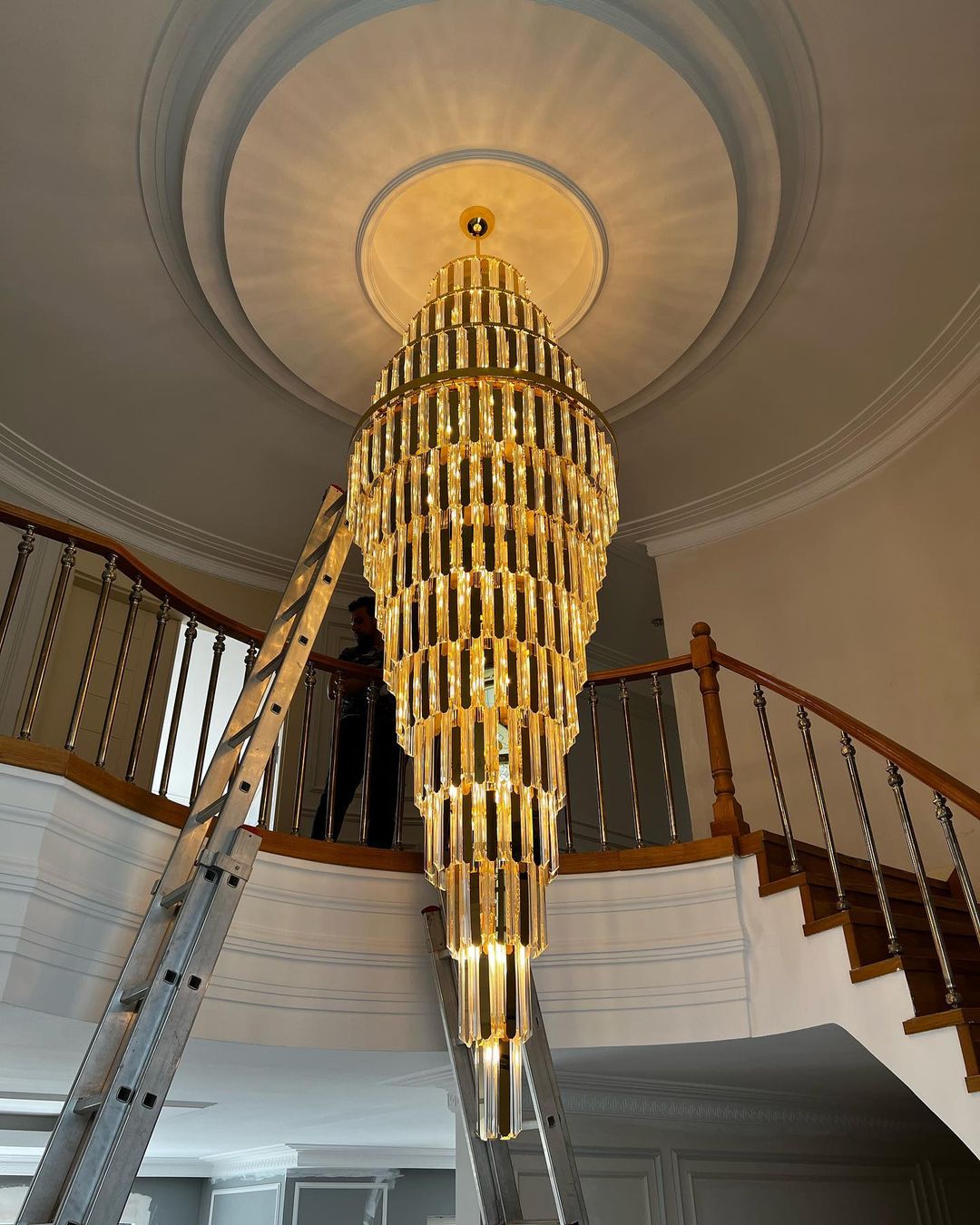 Extra Large Modern Pyramid-Shape Crystal Chandelier for High-Ceiling