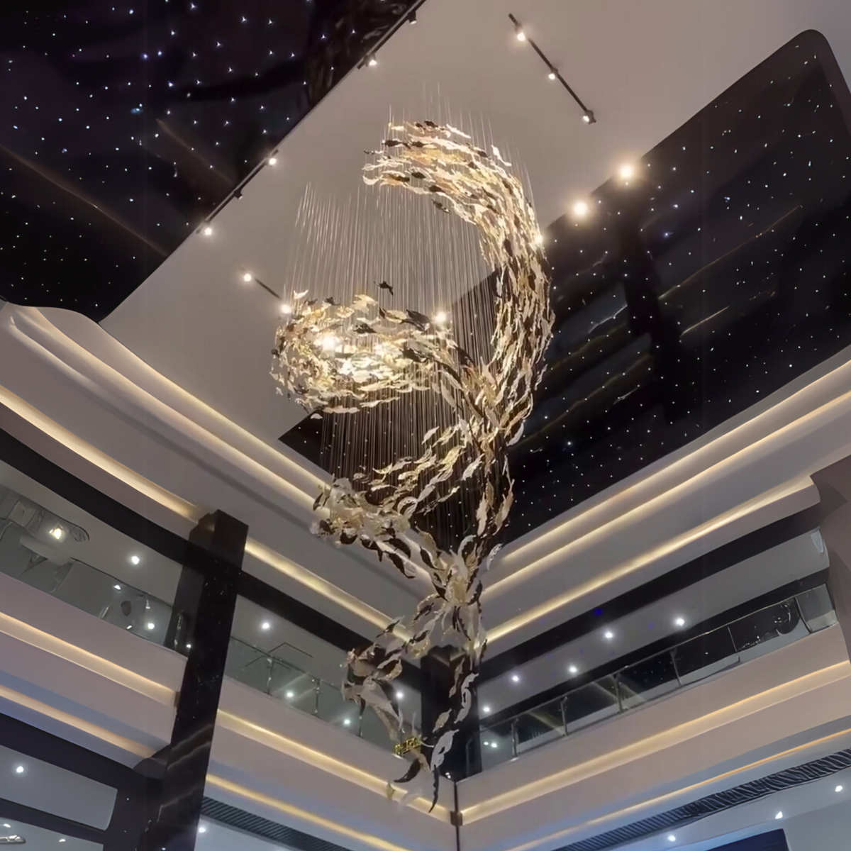 Luxury Spiral Floating Glass Feather Chandelier for High-Ceiling / hotel / restaurant