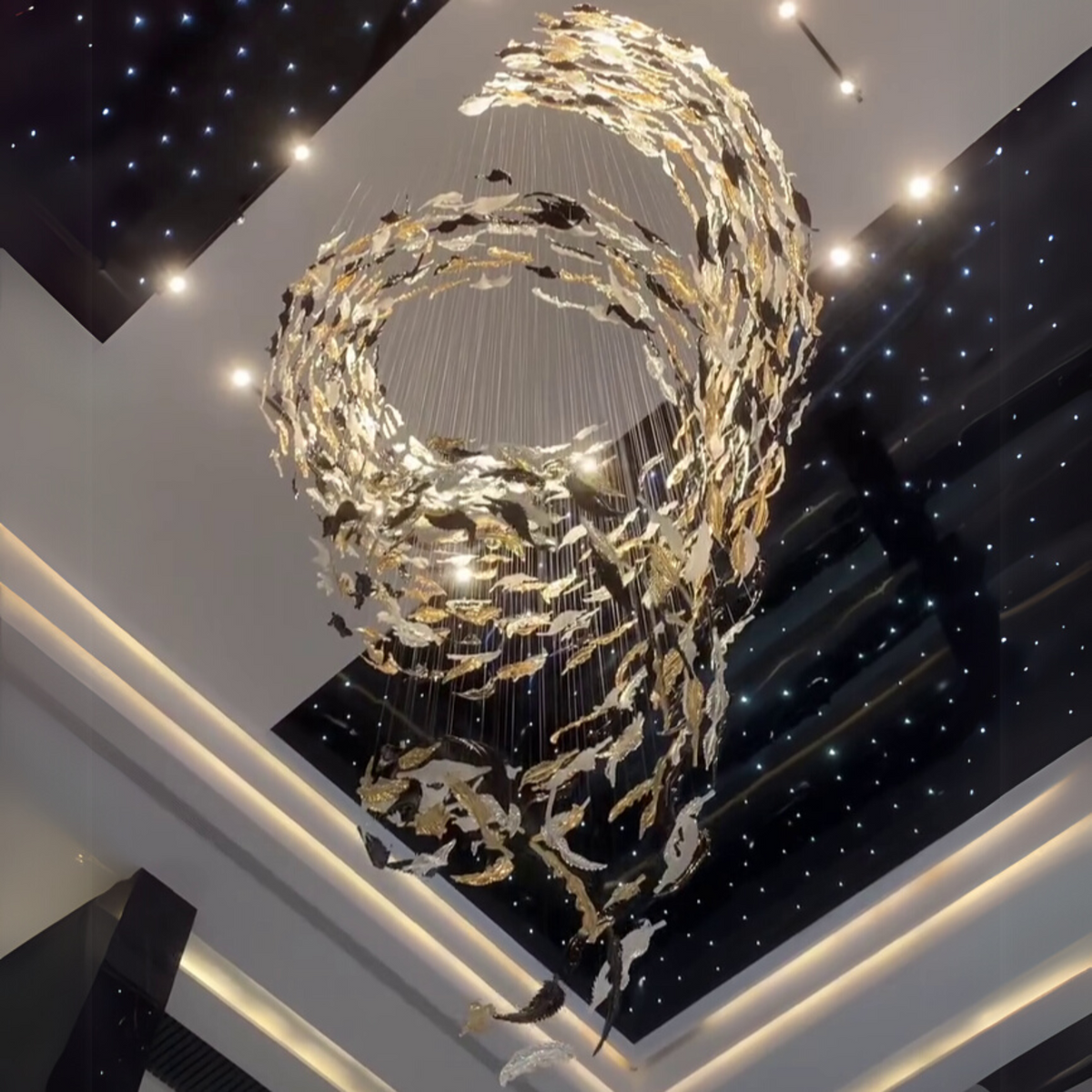 Luxury Spiral Floating Glass Feather Chandelier for High-Ceiling / hotel / restaurant