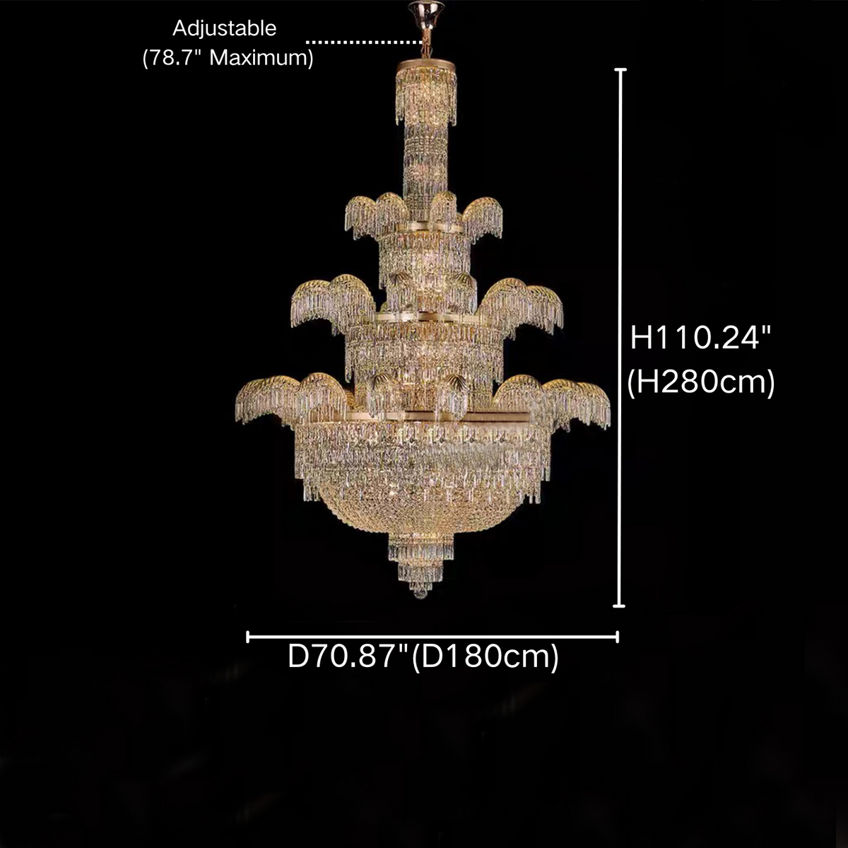 Palatial Golden-Tiered Waterfall-Inspired Crystal Chandelier for High-Ceiling