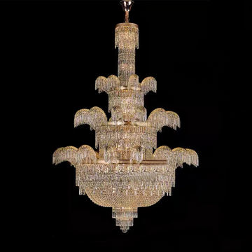 Palatial Golden-Tiered Waterfall-Inspired Crystal Chandelier for High-Ceiling