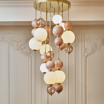 Modern Ball Cluster Chandelier with Pink Opaline Glass