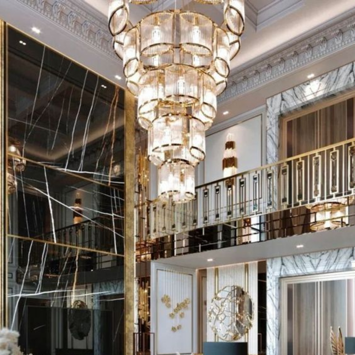 Modern 5-Layer Glass Rods Tiles Chandelier for High-Ceiling