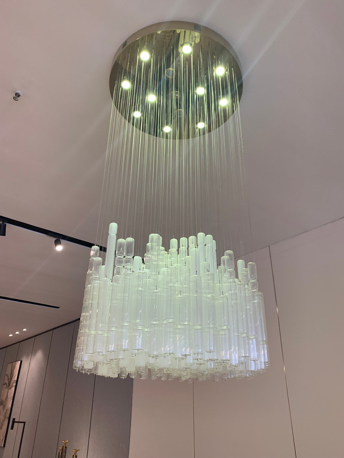 Modern Tube Chandelier with White & Transparent Glass Finish – Quality Metal & Glass Design